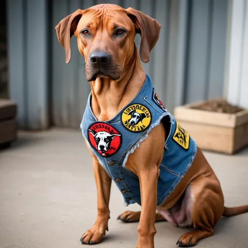 Prompt: Rhodesian Ridgeback wearing a heavy metal music denim vest with patches