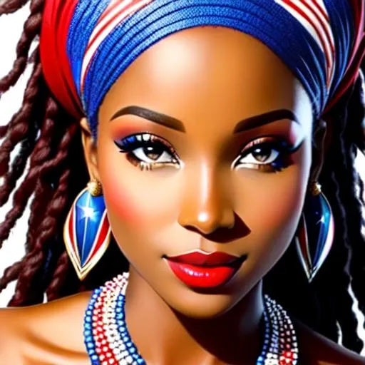 Prompt: Beautiful african woman, red, white and blue, patriotic