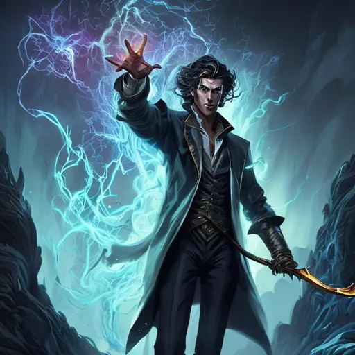 Prompt: Create a Digital Drawing Masterpiece of a stunningly handsome man, otherworldly slender modern wizard casting magic nuclear blasts, he has medium length dark curly hair, wearing slacks a silk shirt and a crombie jacket, marotte in hand, fighting demonic elementals, elaborate posing, full body, centered, fantasy setting, character concept, cinematic, colorful background, concept art, dramatic lighting, highly detailed, hyper realistic, intricate sharp details, octane render, smooth, ultra studio lighting, trending on art station, 64k, HDR, unreal engine, emotive, cgi, animated, character art, iridescent, metallic