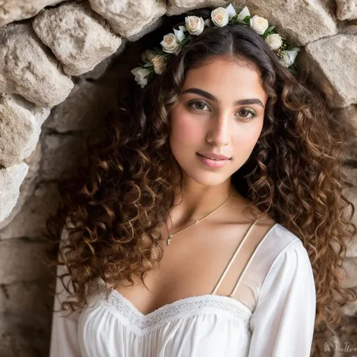 Prompt: Only Fans model, in the Sepulchre in Jerusalem, modest and beautiful, christian garment with flowers, light brown long curly hair, brown eyes, white skin tone, short girl, God fearing woman, virtuous, feminine features and dignity.