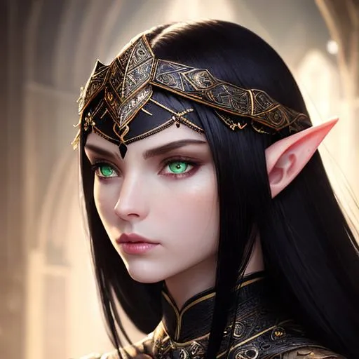 female raven haired elf, fierce, calm, green eyes, s...