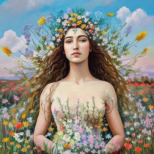Prompt: A painting of a goddess in a field of flowers 