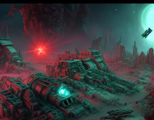 Prompt: space ship wreck dead city Ancient ,lasers zombies