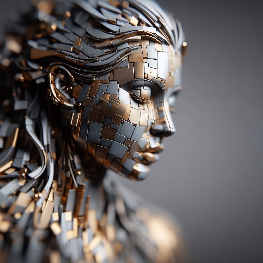 Prompt: a digital art piece of a woman being made of metal and plastic pieces, in the style of depth of field, gray and gold, tilt-shift lenses, cubist composition, serene faces, ceramic, uhd image