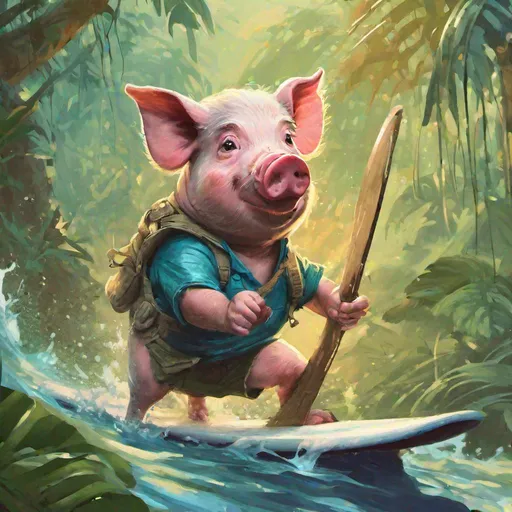 Prompt: painting style jungle pig surfing