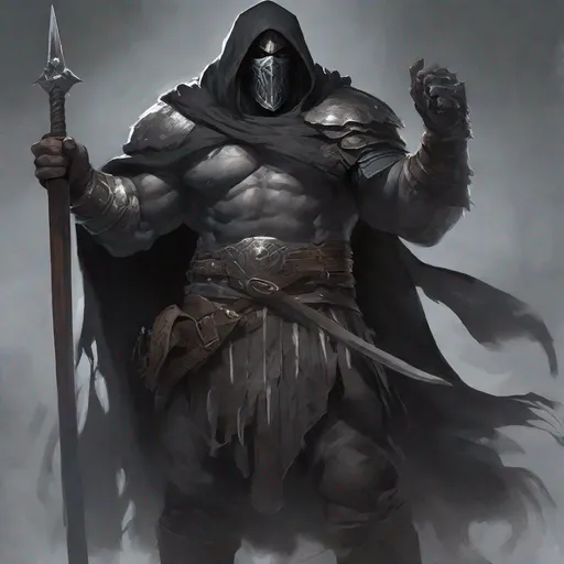 Prompt: Tall, Intimidating, Large, male, Solomon grundy/goliath DnD build, black hair,  very dark grey scarred skin, covered in bandages, dark tattered cloth armor exposes his midriff,  mask with hood that covers his face, large gem inside chest,  Dungeons and Dragons 5th Edition, Path of the Zealot Barbarian, Strong, large two-handed greataxe