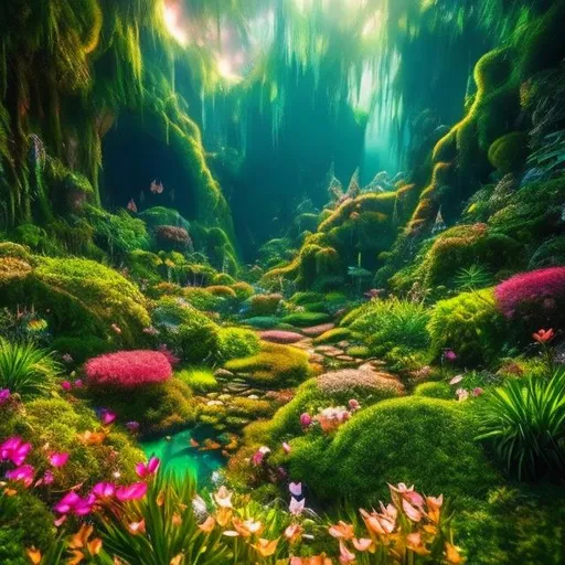 Prompt: realistic, fairy crystal garden, lair, cave with piles of jewels and gold pieces, dark, oppressive, fresh vegetation, dream-like, liminal space. surrealism. Post-Apocalypse Atmosphere.