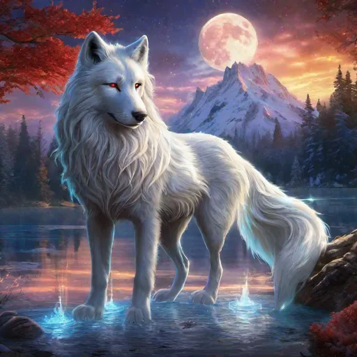 Prompt: Insanely beautiful (canine quadruped) that is glowing, thick snow white mane, on two legs, translucent, luminescent, illusion, glistening fiery mane, glows like the sun, flaming red eyes, majestic wolf face, energetic fox, in a magical forest near a lake, moonrise, beneath the stars, crystal lake, corona, glowing outline, waterfall, bioluminescent, highres, best quality, concept art, epic digital art, intricately detailed, cinematic, 8k eyes, highly detailed eyes, highly detailed, 64k, vibrant, UHD, professional, intricately detailed background