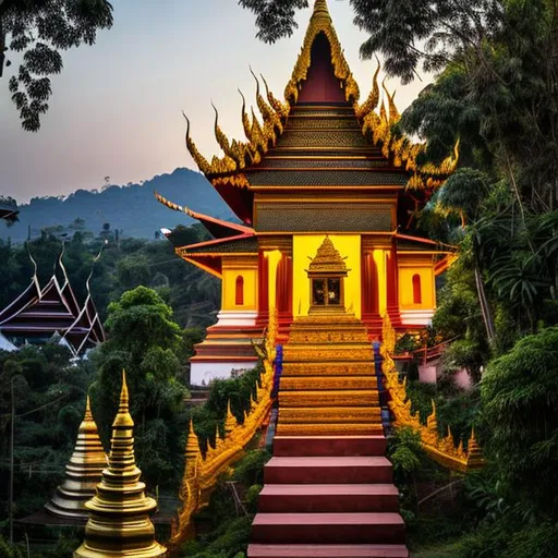 Prompt: Picturesque Thailand. A corner balcony brushes up against the brambles. A lantern hangs on the corner, shining with gold flakes because the house was just blessed. A short couple watches from that balcony without a railing the dancing children and the young cows.. A Large gold Stupa, Temple tower beams the radiance of the buddha into and over the community. That is why they are here. The highest sky is deep serene blue with streaks of yellow clouds that resemble Koi fish. 