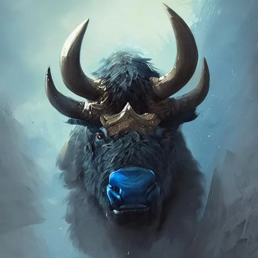 Prompt: angry blue bison portrait by greg rutkowski and frank frazetta, dark fantasy, blue, artstation