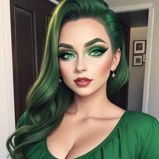 Prompt: A woman all in green, green eyes, pretty makeup