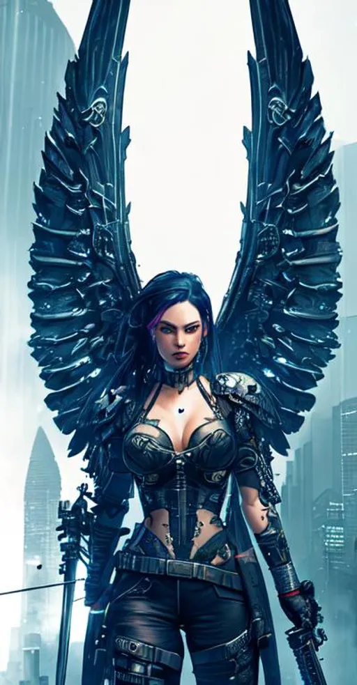 Prompt: Beautiful cyberpunk female with tattoos, apocalyptic, swords, guns, fire, anatomical, dark, gothic, mech, angel wings, battle backgrounds 