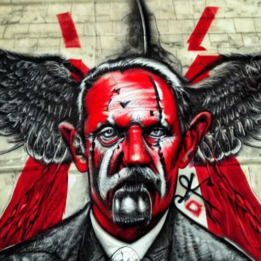 Prompt: hyper realistic hyper real demonic winged 666 devil vatican pope with hitler mustash and 666 drawn in red ink on forehead in red ink  in front of upside down american flag mark of beast on skin inside the vatican federal reserve wearing 666 all over with 666 on forehead damnit spraying graffiti on vatican ascending out of hell with swastikacross on forehead