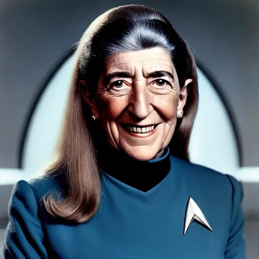 Prompt: A portrait of Margaret Hamilton, wearing a Starfleet uniform, in the style of "Star Trek the Next Generation."