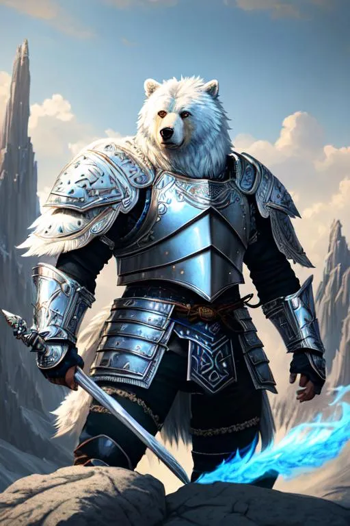 Prompt: oil painting, fantasy, Werebear male, perfect rugged face with white hair and white fur, and with sad vibrant blue eyes | Warrior in battle stance wearing intricate plate armor  #3238, UHD, hd , 8k eyes, detailed face, big anime dreamy eyes, 8k eyes, intricate details, insanely detailed, masterpiece, cinematic lighting, 8k, complementary colors, golden ratio, octane render, volumetric lighting, unreal 5, artwork, concept art, cover, top model, light on hair colorful glamourous hyperdetailed medieval city background, intricate hyperdetailed breathtaking colorful glamorous scenic view landscape, ultra-fine details, hyper-focused, deep colors, dramatic lighting, ambient lighting god rays, flowers, garden | by sakimi chan, artgerm, wlop, pixiv, tumblr, instagram, deviantart