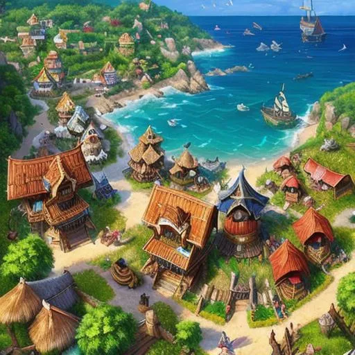 Prompt: Birdview of a fantasy pirate village. style of kawacy, lilia alvarado, artgerm and joe madureira, very detailed, extreme detail, splash art high detail, full color spectrum, 32k, ultra high resolution, UHD, 32k, rtx on
