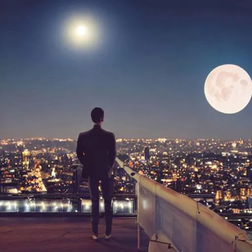 Prompt: A guy smoking on a rooftop with the full moon in the clear night sky and the city beneath him. 