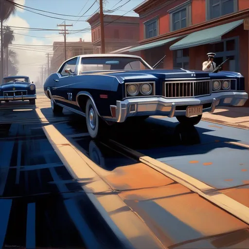 Prompt: Mafia III, car chase, industrial area, cartoony, navy blue atmosphere, extremely detailed painting by Greg Rutkowski and by Henry Justice Ford and by Steve Henderson