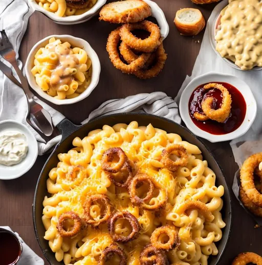 Prompt: DRAW ONE WHITE CREAMY MAC AND CHEESE CUP, small BRISKET SLICES on the top of Mac and cheese and slices of thick ONION RINGS ON THE TOP of brisket slices, and very HEAVY dark BBQ SAUCE on the top of all. with smolked seasoning around. All mixed in one cup.