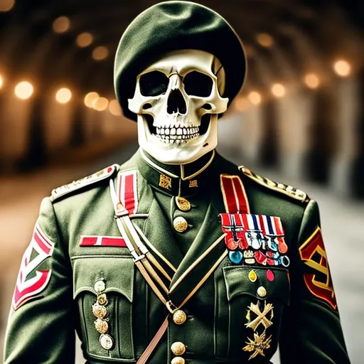 Prompt: Realistic photo of Skeleton in Nazi Germany military uniform hd, ultra realistic, highly detailed, 8k. Soft lighting 