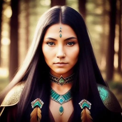 Prompt: Native american woman, tainted, elven ears, forest, leather armor, animals, spirit, ghost