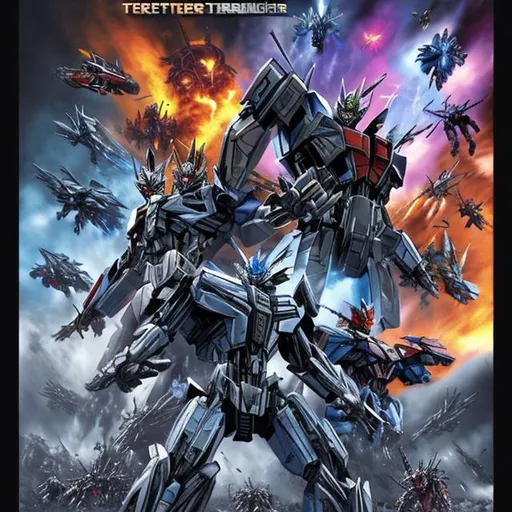 Prompt: cool looking poster cover of all the transformers battling it out on a war feild