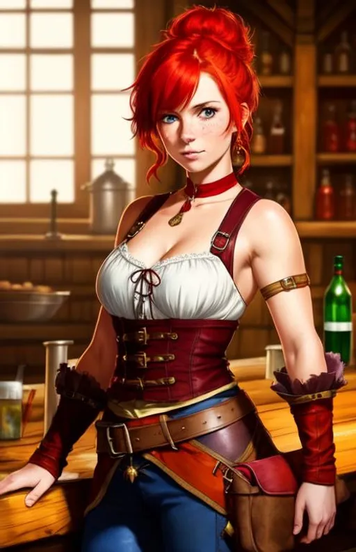 Prompt: fantasy, freckles,  Red haired messy bun, Tavern, brawl Fighter, female,  simple middle ages blouse, Brown Baggy leather pants, determined expression 