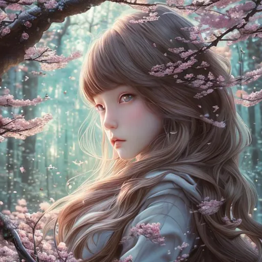 Prompt: (masterpiece) (highly detailed) (top quality) (anime style) 4:1, goddess of forest, instagram able, 1girl, reflections, depth of field, 2D illustration, professional work (cinematic shot)long hair, blonde hair, centered shot from below, dark blue eyes, cherry blossom forest.