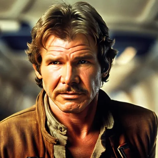 Prompt: han Solo with a thick mustache played by harrison ford with a thick mustache.