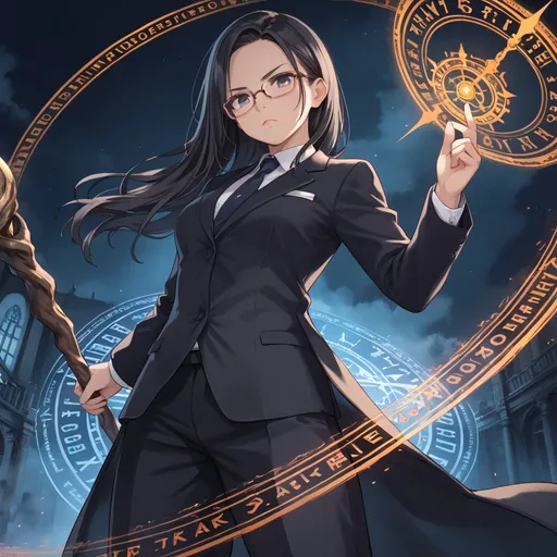 Prompt: Woman in business suit, black hair, anime, glasses, serious expression, metal magic staff, black magic circle, highres, detailed, professional, fantasy, dark tones, intense lighting