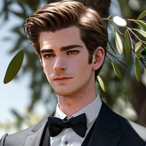 Prompt: Realistic photo of handsome Andrew Garfield looking down with love in his eyes above you with a divine presence. Beautiful action scene art. he is wearing a grey suit with a green corset waistcoat, light from a ray of sunlight that is distorted by the leaves of an olive tree. he is under a fir tree, UHD, hd , 8k, , Very detailed, panned out view of character, zoomed out view of whole character,  perfect composition, hyperrealistic, super detailed, 8k, high quality, sharp focus, intricate details, highly detailed, dynamic lighting, detailed and intricate environment, highest quality, ethereal, luminous, glowing, dark contrast, celestial, trails of light, soft light, backlit, vaporwave