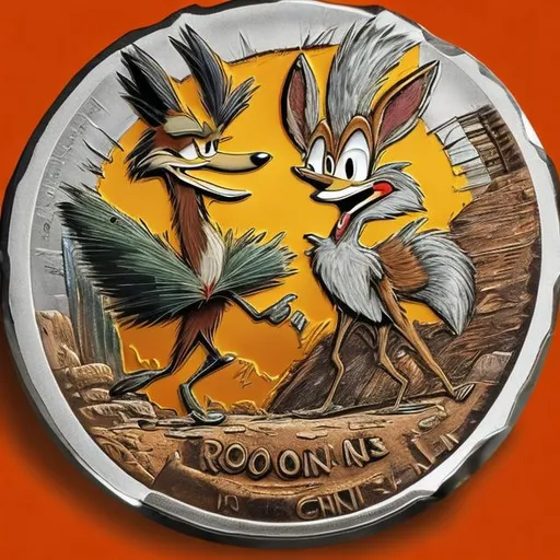 Prompt: Wile E. Coyote and the Roadrunner, on a coin, surprise me