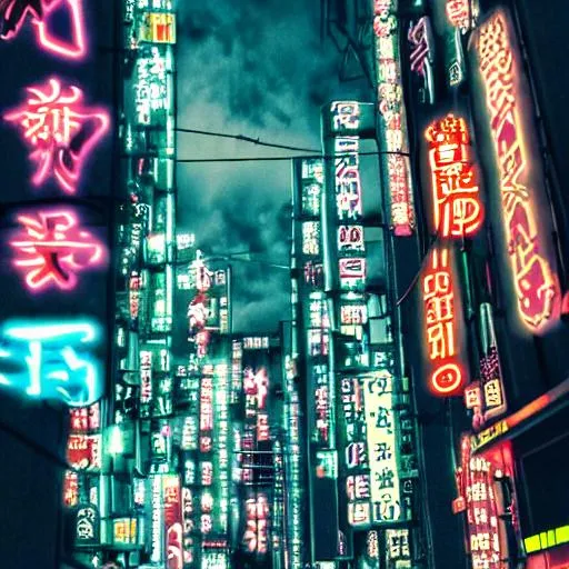 Prompt: dystopian cyberpunk japanese city, tall buildings neon lighting