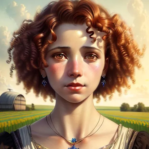 Prompt: An ethereal highly detailed painting of a very beautiful very poor 1920's migrant worker woman, tattered clothes, perfect complexion, gorgeous clean face,
curly auburn hair, award-winning,  Cinematic fantasy atmosphere, farm field, hot sun, cgi, artgerm