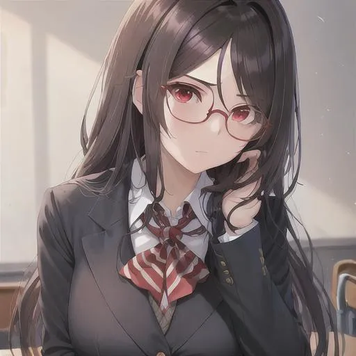 Prompt: A portrait anime misterius pretty woman use Teacher's suit   have dark brown dense hair with slightly disheveled long hairstyle, beutiful light orang eye and red eye, use Round glasses , in her desk, tiredness 