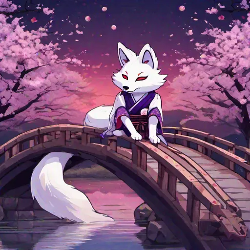 Prompt: fluffy, cute, white and purple 9 tailed kitsune fox with mask sitting on traditional Japanese style bridge  as the river flows underneath with cherry blossom trees in the back ground, contrast colors, night sky with starts, Japanese style, vibrant background, zoomed out, aesthetic scars, bloody, hallucinations, power, high definition, professional brush strokes, HD, 4K 