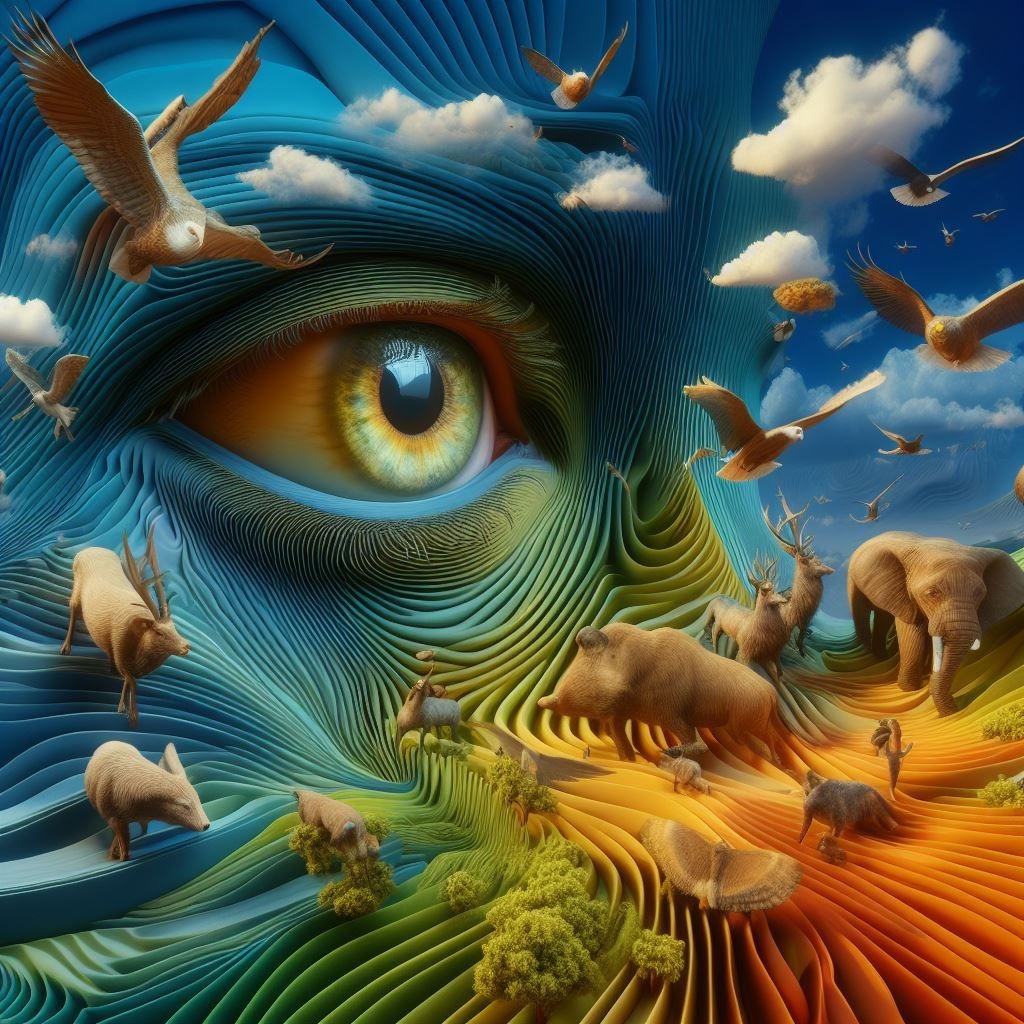 Prompt: a photo where animals are flying, in the style of psychedelic surrealist landscapes, surreal 3d landscapes, vladimir kush, martiros saryan, depth of layers, surreal human figures, wandering eye