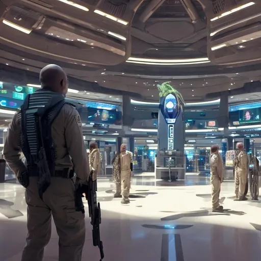 Prompt: lion security guards in a busy alien mall, widescreen, infinity vanishing point, galaxy background, surprise easter egg