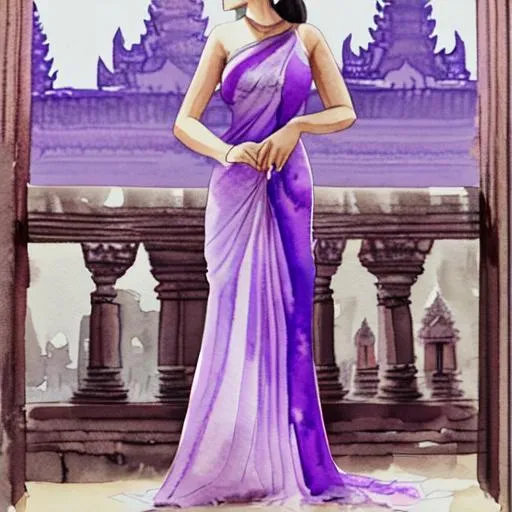 Prompt:  Purple princess Cambodia watercolor gown angkor wat 