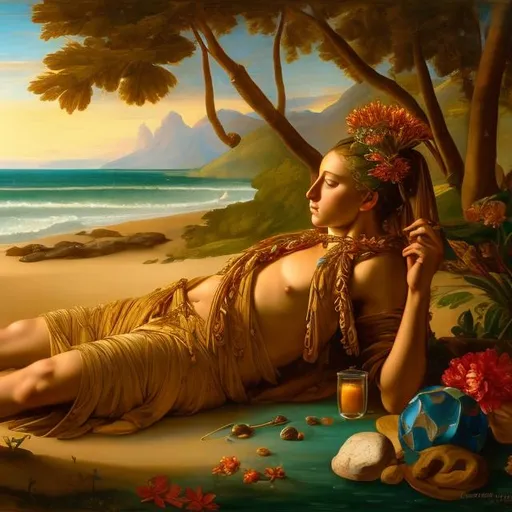 Prompt: Classical renaissance painting.{{ultra definition, D&D concept art, cinematic, epic 4K masterpiece}}. what remains of a mummified man wearing a botanical Aloha shirt with celebration leis, lying dead on a sandy beach. Peaceful, dream-like. surrealism. Glassy Ocean, Cinematic Movies Scene, Spinning Gems Culture.