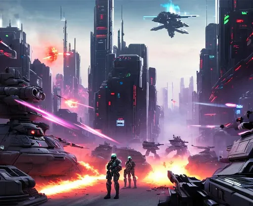 Prompt: futuristic humanoid soldiers with laser guns and futuristic armor shooting toward the end of a street, futuristic city in backdrop, aerial vehicles dropping more soldiers into battle, both sides of battle visible, dead soldiers, fire, destroyed vehicles, enemy soldiers are visible