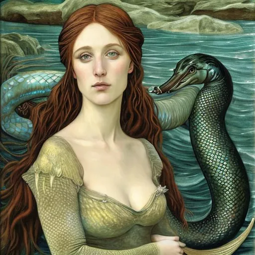 Prompt: Mermaid with an eel. Pre-Raphaelite's Style portrait painting