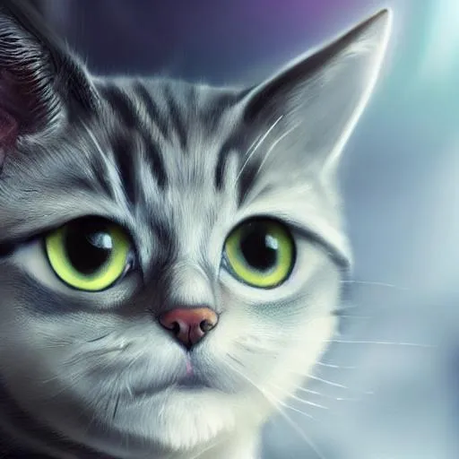 Prompt: closeup portrait of a cat, big dreamy eyes, cute, detailed face, concept art, looking into camera, galaxy in background, scifi style, 64k, black