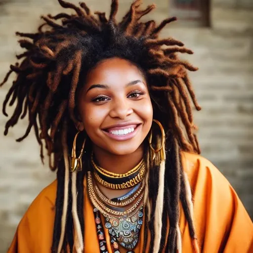 Prompt: Gorgeous smiling caramel coloured  Queen
With black tidy dreadlocks in regalia