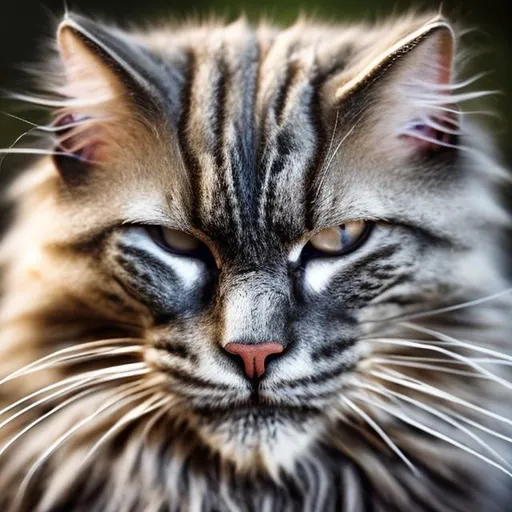 Prompt: A huge tom cat. , mottled grey hair, covered in so much scar tissue that he looks like a fist with fur on it. left eye is yellow, The right eye is Cataract  pearly white, radiates genuine intelligence, 