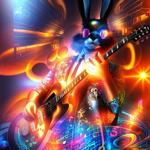 Prompt: 3D, HD, ({man}Rabbit as guitarist, focus on perfect hands, focus on perfect fingers), musical notes, expansive psychedelic background, sunset, hyper realistic, 8K --s98500