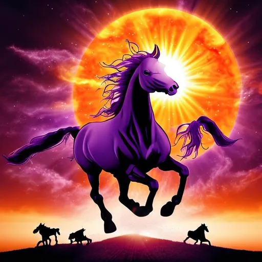 Prompt: Purple  colour sun with hands and horse running in front of sun