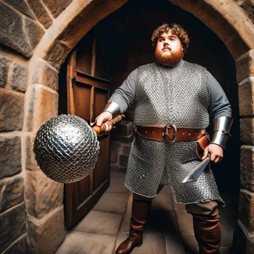 Prompt: Fish-eye view. Action pose. Full body image. Head-to-toe. 21 years old, chubby,  AD&D Cleric. He is wearing a bright shiny iron chainmail armor. He is brandishing one medieval battle-mace. Historically realist. Medieval. 