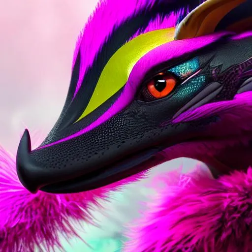 Prompt: Portrait of an anthro wyvern with striking pink fur and iridescent black markings and a cute face, liminal space streets, perfect composition, hyperrealistic, super detailed, 8k, high quality, trending art, trending on artstation, sharp focus, studio photo, intricate details, highly detailed, pixar style