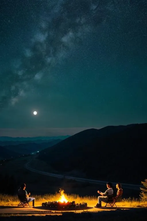 Prompt: long wide view photo highway, quiet, night, starry sky, full moon, serene atmosphere with the silhouette of the hills seen in the distance people who were sitting by the fire ultra hd